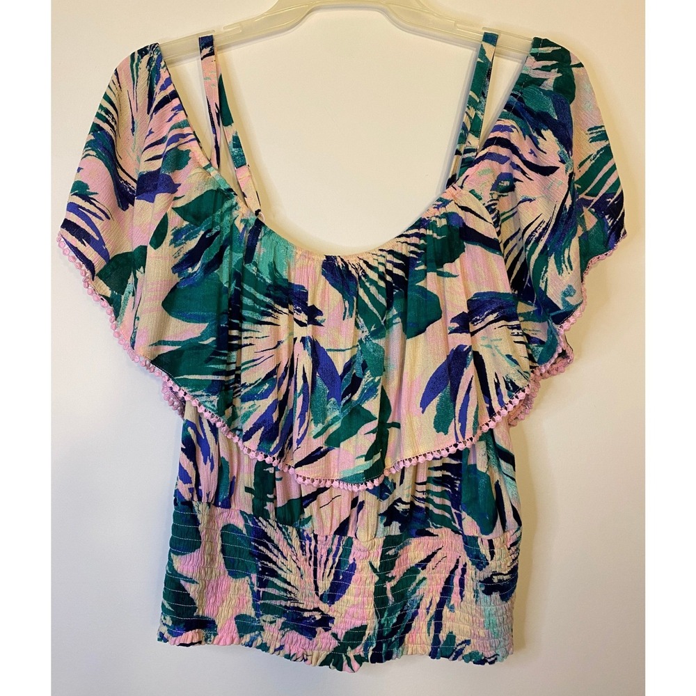 Tropical Palm Print Off Shoulder Smocked Waist Top Pink Teal Pom Pom Trim 3X